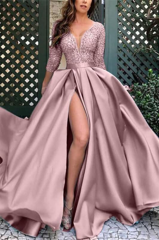 Glamorous Deep V-Neck Satin Long Prom Dress with Split and Lace BM bride
