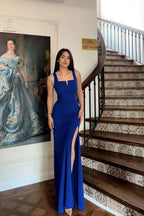 Blue Spaghetti Strap Sleeveless Pleated Long Prom Dress With Side Split
