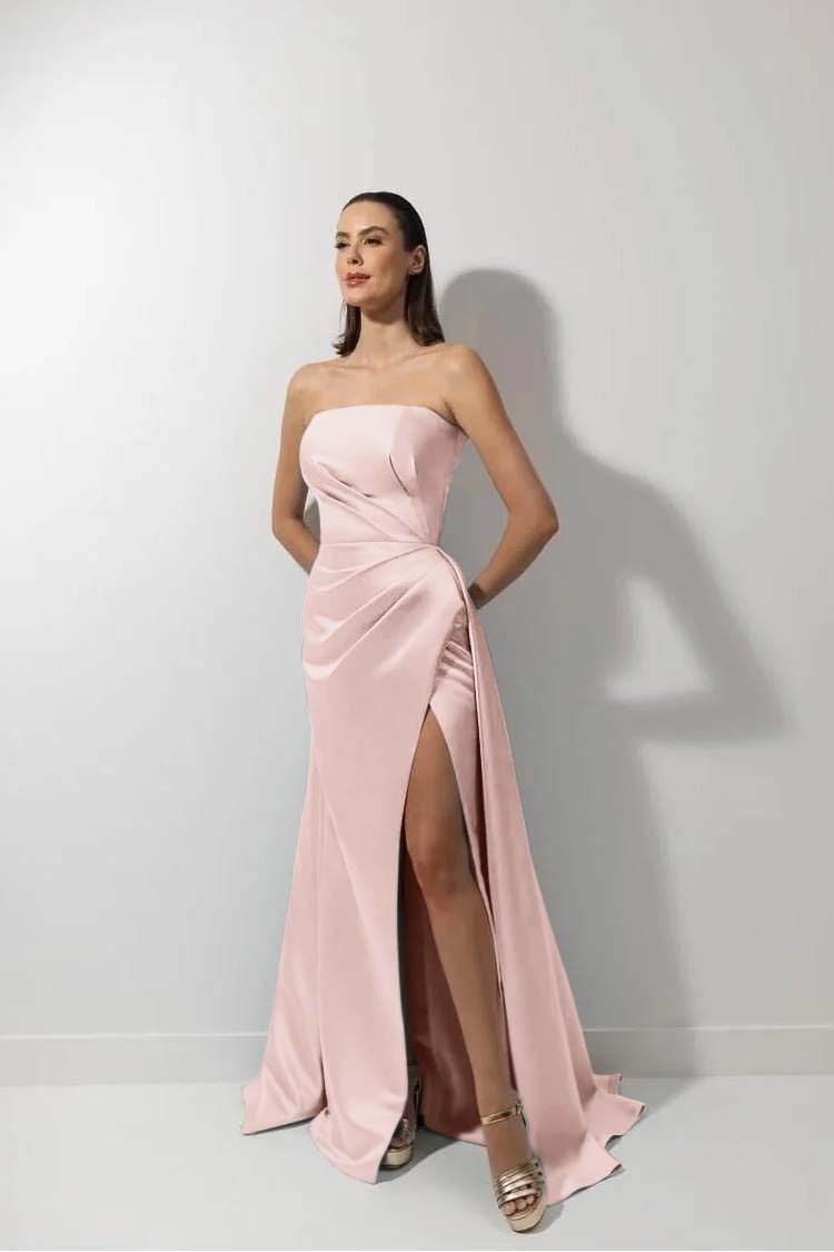 Strapless Sleeveless Long Mermaid Prom Dress With High Split Ruffles
