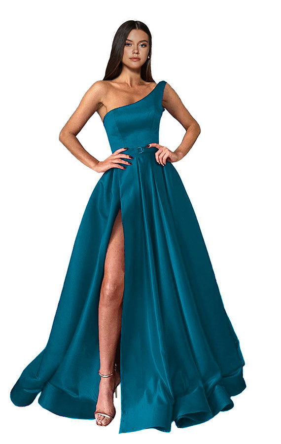 One Shoulder Long Slit Prom Dress BM bride