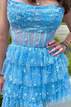 Light Blue Corset Strapless A-Line Tiered Short Homecoming Dress Bmbride