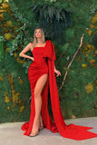 Red Off-the-Shoulder Elegant Mermaid Prom Dress with Ruffles and Split BM bride