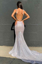 Stunning Deep V Neck High Waist Mermaid Long Prom Dress Open Back Sequins