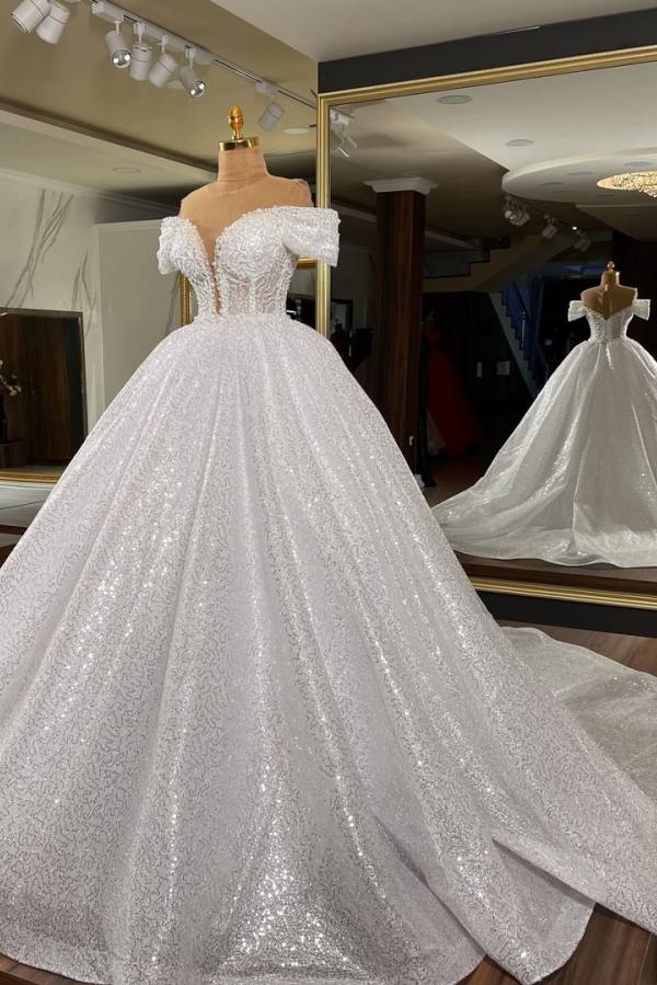 Gorgeous Off-the-Shoulder Long Ball Gown Wedding Dress with Sequins BM bride