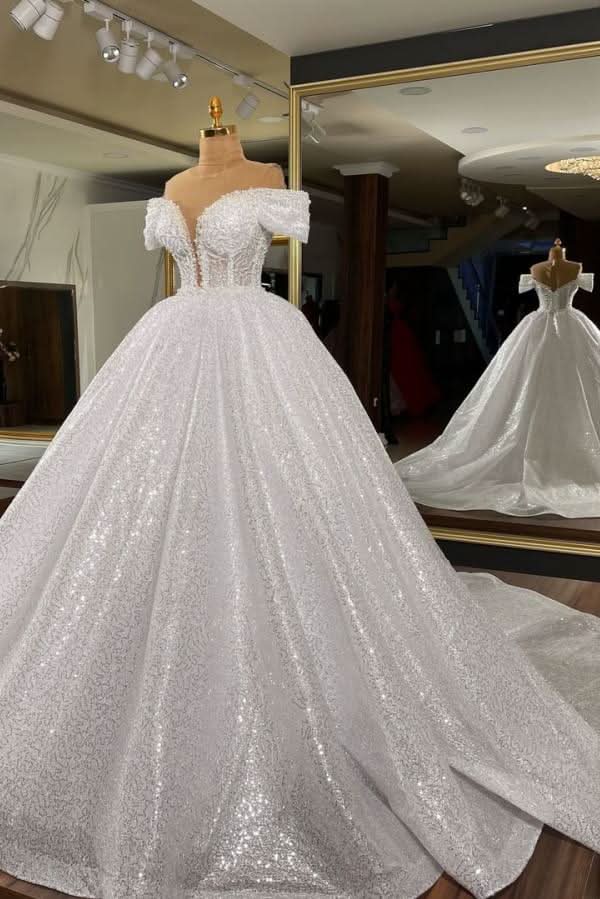 Gorgeous Off-the-Shoulder Long Ball Gown Wedding Dress with Sequins BM bride