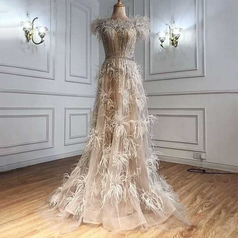 Feather Sequins Applique Prom Dress, A-Line Tulle BM bride