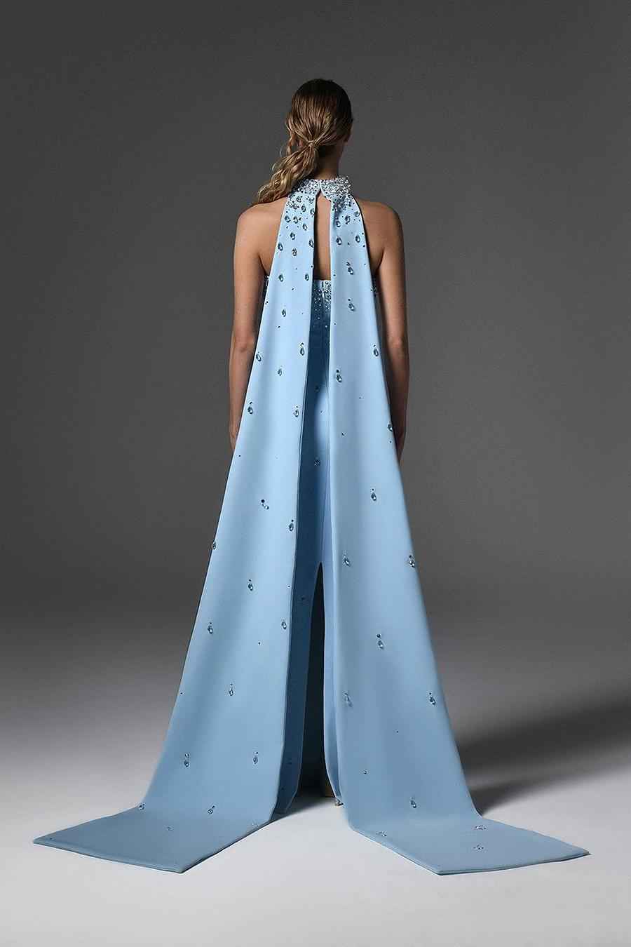 Sky Blue Halter Strapless Sleeveless Long Prom Dress With Beading