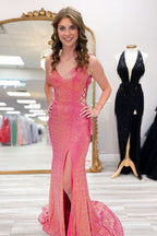 Stunning Pink Sequin V Neck Mermaid Long Prom Dresses,Formal Dresses,Prom Gowns,Women Formal Gowns,Quincea?Era Dresses,Cocktail Dresses,Prom Dress Custom Size BM bride