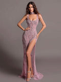 Luxurious Square Beaded Embroidered Formal Evening Dress with Slit BM bride