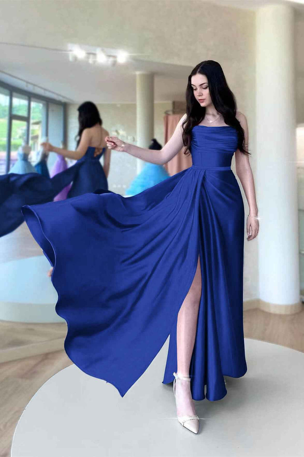 Strapless Royal Blue Sleeveless High Waist Pleated Prom Dress With Split