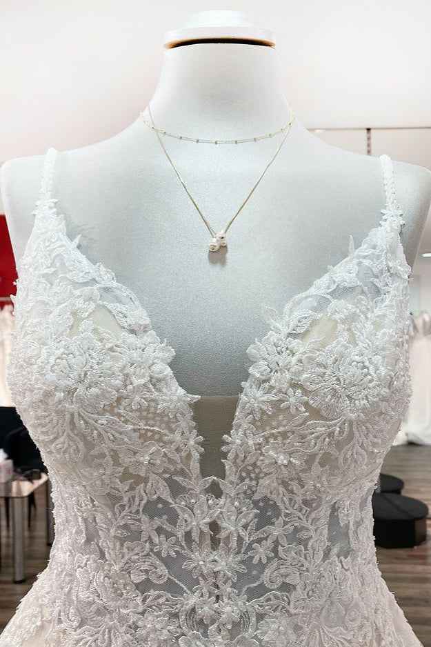 Spaghetti Strap V-Neck A-Line Backless Wedding Dress with Tulle Lace BM bride