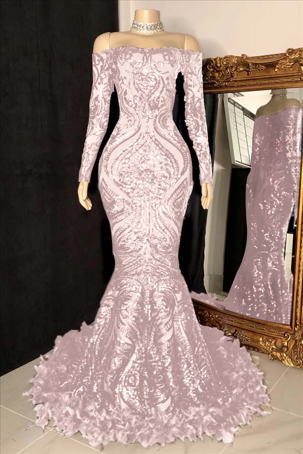 Long Sleeves Strapless Mermaid Prom Dress Sequins Burgundy With Feather BMBRIDE