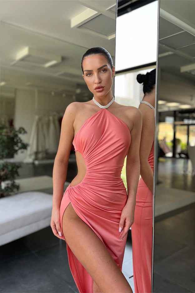 Halter Sleeveless Pink Mermaid Pleated Prom Dress Long With Split Online