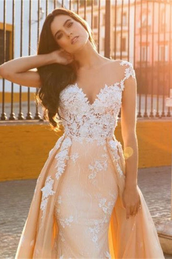 Cap Sleeve Sweetheart Mermaid Wedding Dress with Lace Appliques and Overskirt BM bride