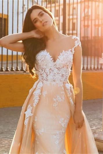 Cap Sleeve Sweetheart Mermaid Wedding Dress with Lace Appliques and Overskirt BM bride