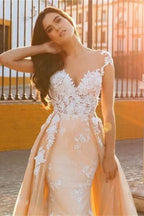 Cap Sleeve Sweetheart Mermaid Wedding Dress with Lace Appliques and Overskirt BM bride