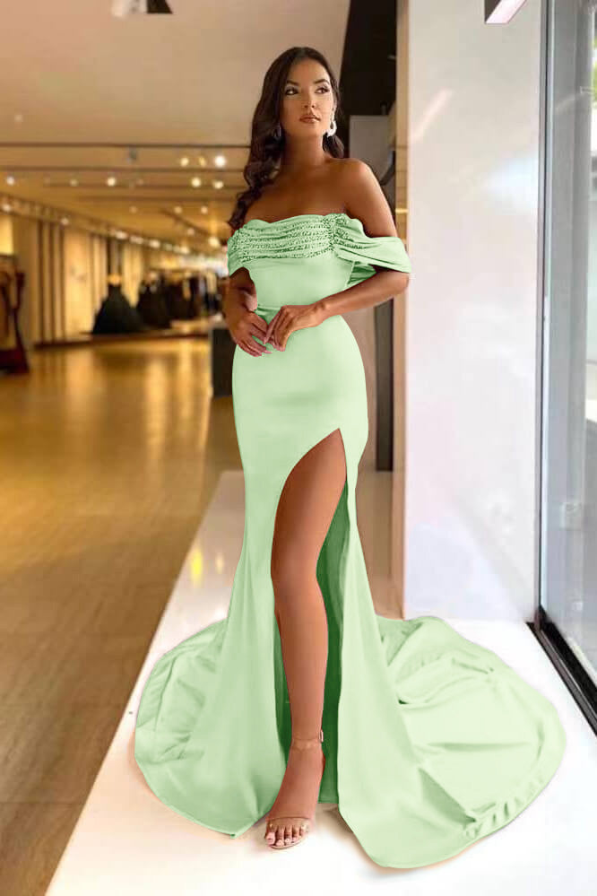 Pink Purple Off-the-Shoulder Beaded Mermaid Prom Dress with Split BM bride