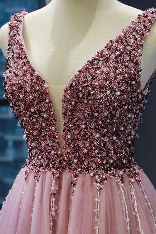 Pink V Neck Mermaid Sleeveless Prom Dress With Beading On Sale