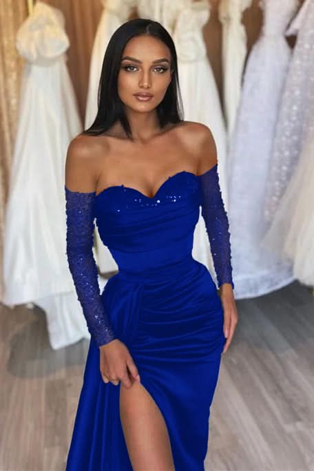 Black Prom Dress Sweetheart Short Sleeves with Pleated Slit BM bride
