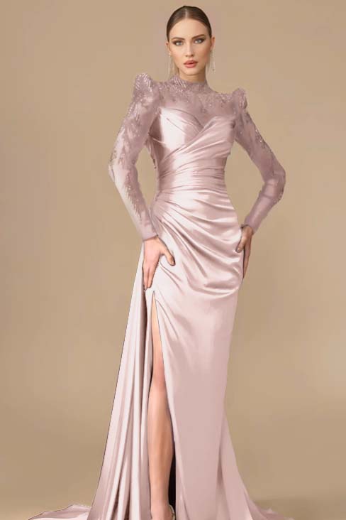 Long Sleeves Long Mermaid Prom Dress With Split Pleated Appliques BMBRIDE