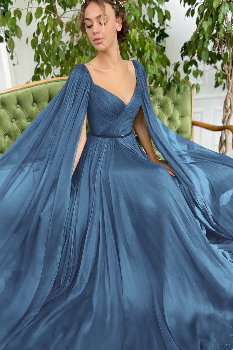 Elegant Green Long Sleeves Formal Belt Prom Dress Tulle With Split BMBRIDE
