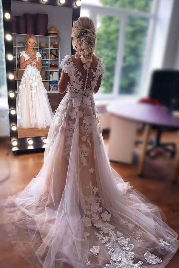 Long A-Line Floor-Length Sleeveless Wedding Dress with Lace Tulle BM bride