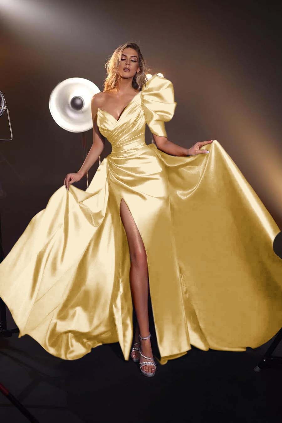 One Shoulder V Neck Sleeveless Long Split Prom Dress With Pleated