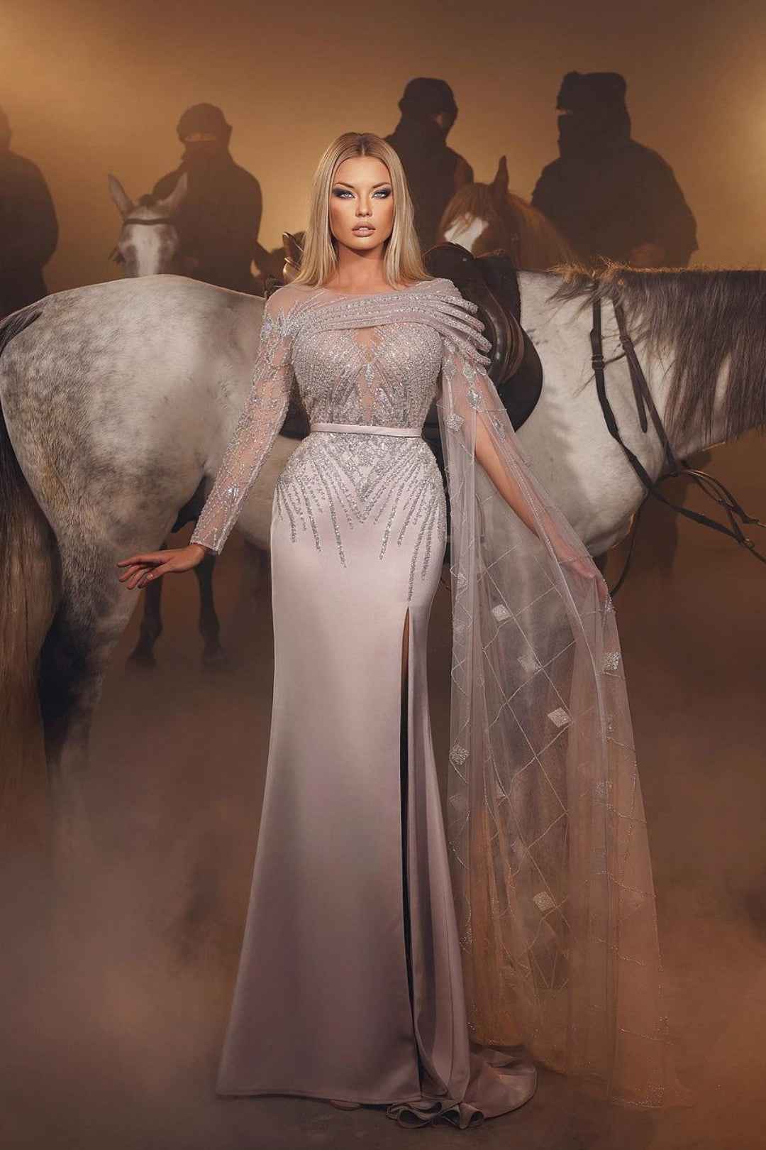 Heavy Prom Dress Sequins With Belt One Sleeve Long Satin Slit Tulle