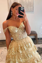 Enchanting Princess Off-the-Shoulder Sequined Lace Prom Dress BM bride