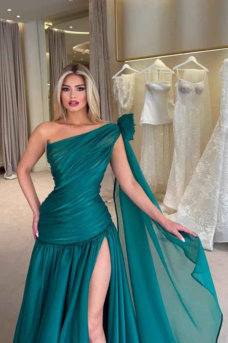 One Shoulder Sleeveless Long Split Prom Dress With Pleated
