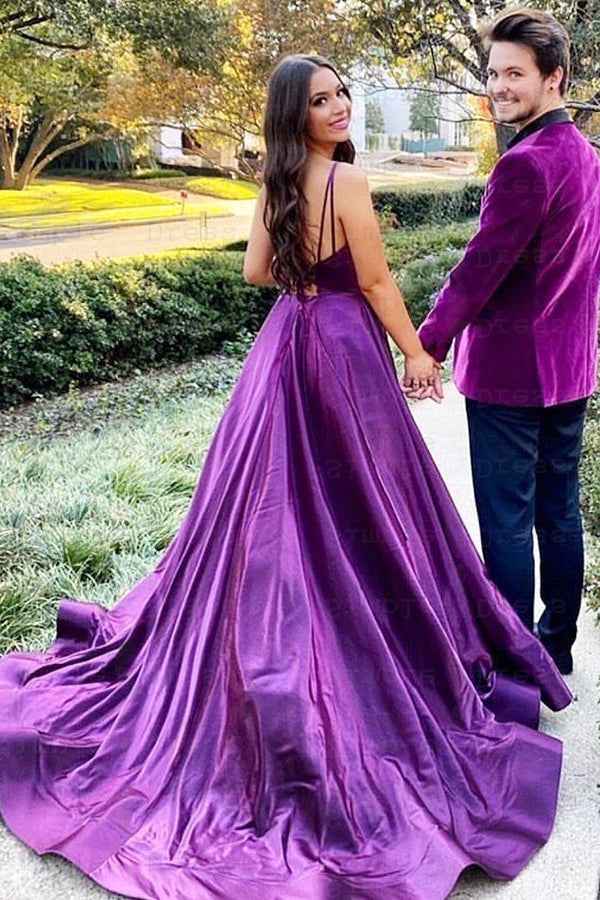 Spaghetti Strap Purple V Neck Sleeveless A Line Prom Dress With Front Split