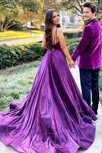 Spaghetti Strap Purple V Neck Sleeveless A Line Prom Dress With Front Split