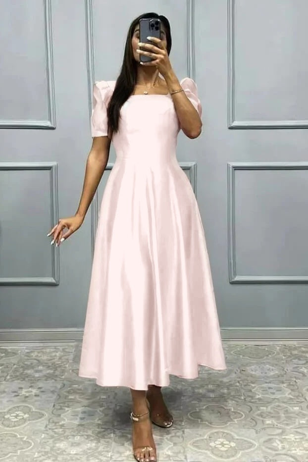 Elegant Square A Line High Waist Pleated Prom Dress With Short Sleeves BMBRIDE