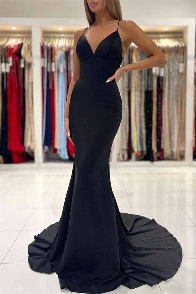 Black Spaghetti-Straps Charmeuse Mermaid Long Prom Dress BM bride