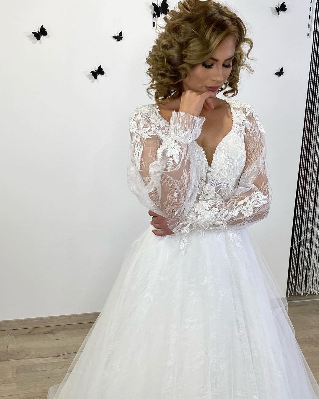 A-Line Sweetheart Long Sleeves Wedding Dress With Lace Appliques Tulle BM bride