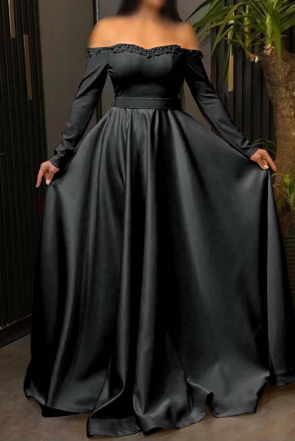 Off the Shoulder Long Sleeves Long Prom Dress With Pleated Beading BMBRIDE