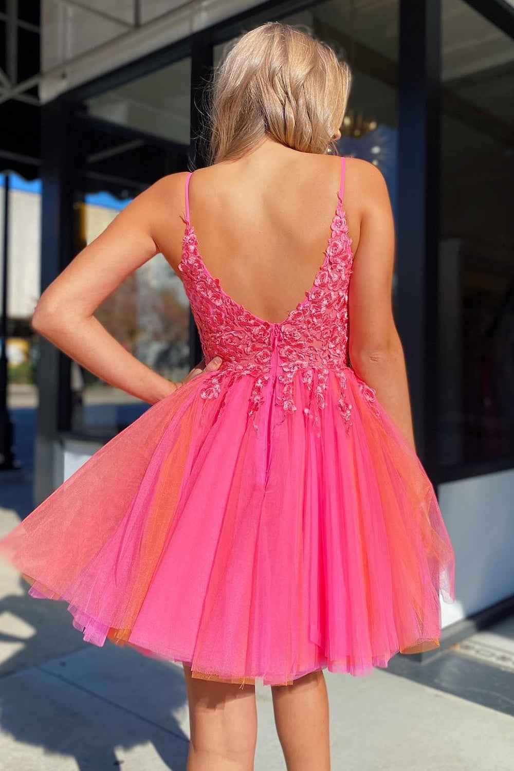 Hot Pink A-Line Tulle Short Homecoming Dress with Lace Bmbride