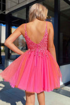 Hot Pink A-Line Tulle Short Homecoming Dress with Lace Bmbride