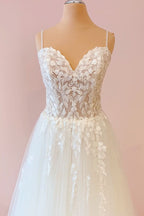 Pretty A-Line Spaghetti Strap Sweetheart Tulle Wedding Dress with Lace Appliques BM bride