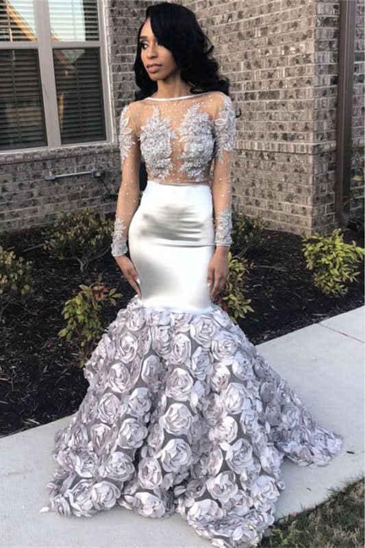 Royal Silver Long Sleeve Flower Appliqued Mermaid Prom Dress BM bride
