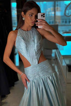 Jewel Neck Backless Sleeveless A Line Long Prom Dress With Pleated