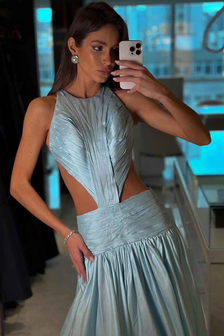 Jewel Neck Backless Sleeveless A Line Long Prom Dress With Pleated
