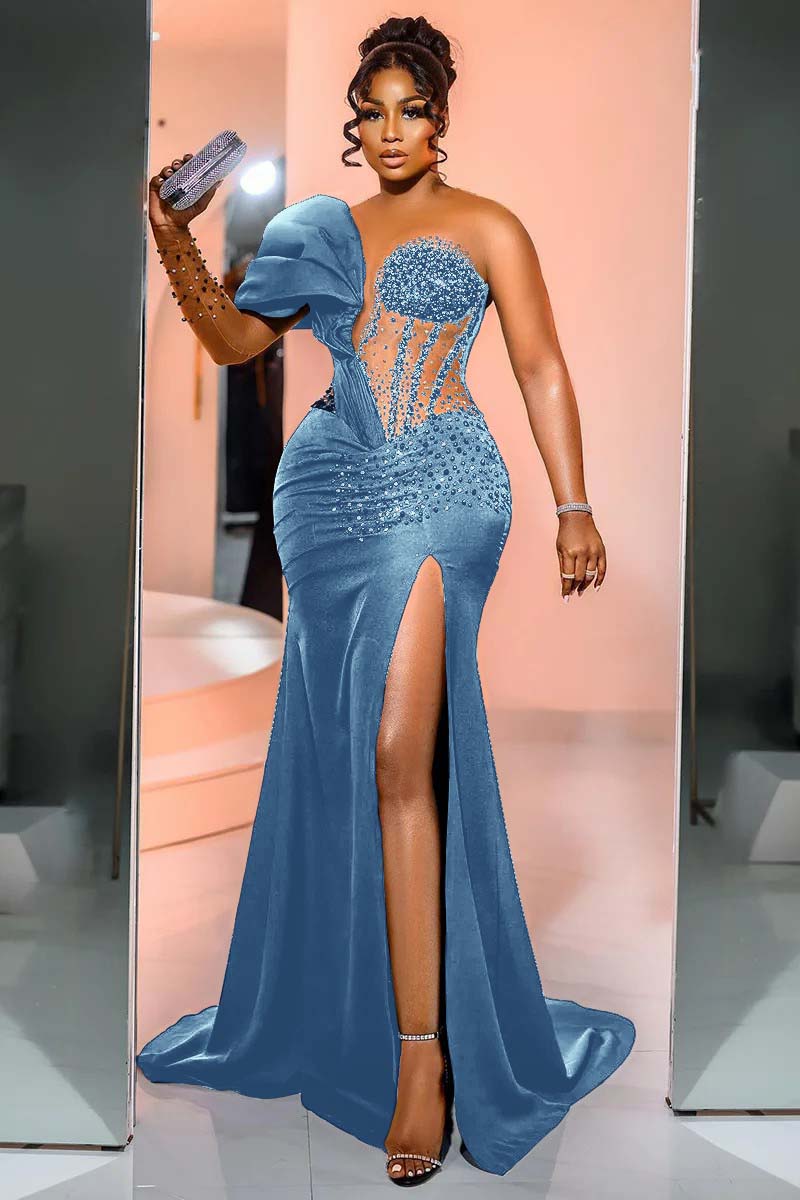 One Shoulder Long Sleeve Long Mermaid Prom Dress With Beading BMBRIDE