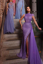Purple High Neck Mermaid Split Prom Dress Tulle Ruffles With Appliques