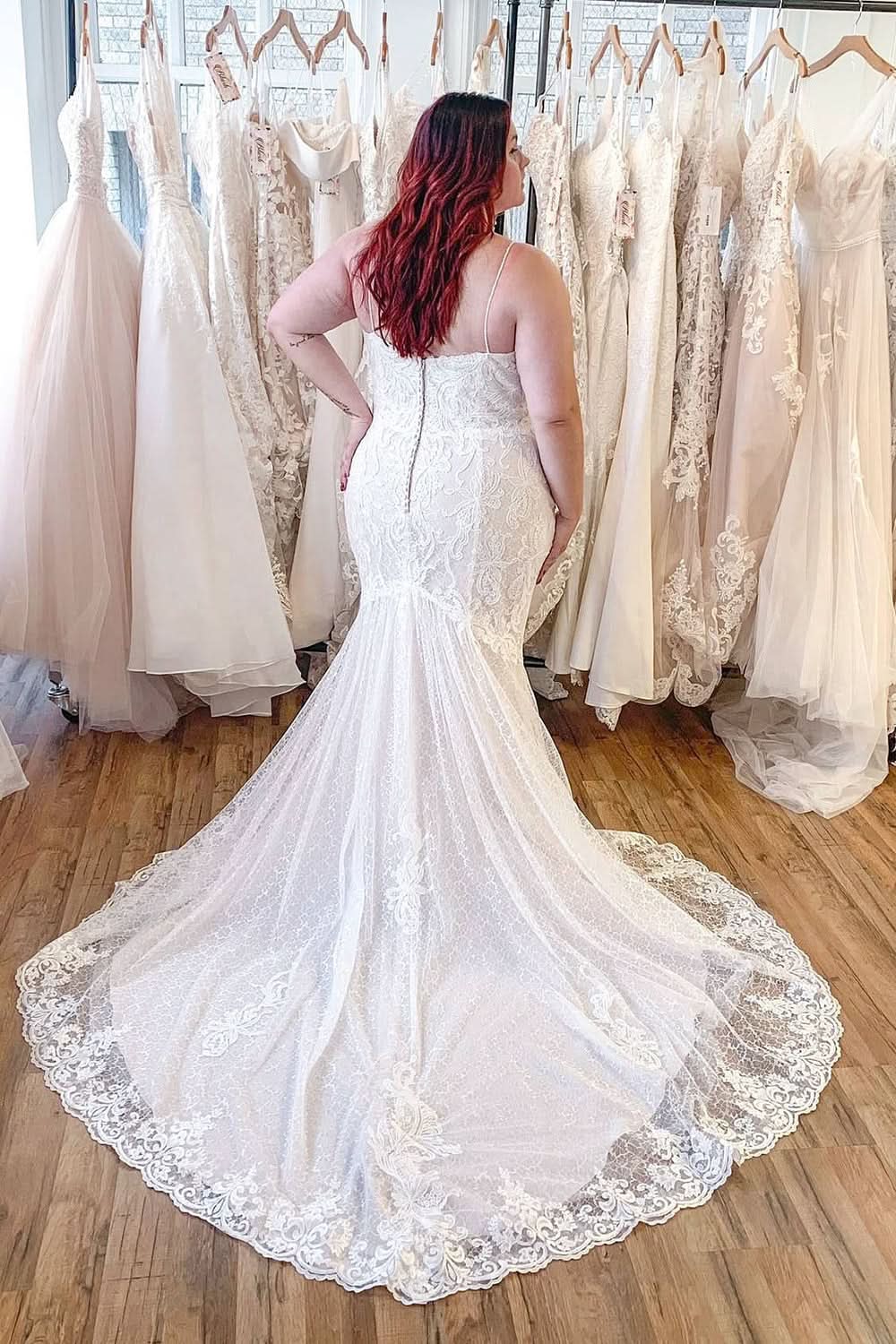 Spaghetti-Straps Backless Mermaid Wedding Dress Floor-length With Appliques Lace BM bride