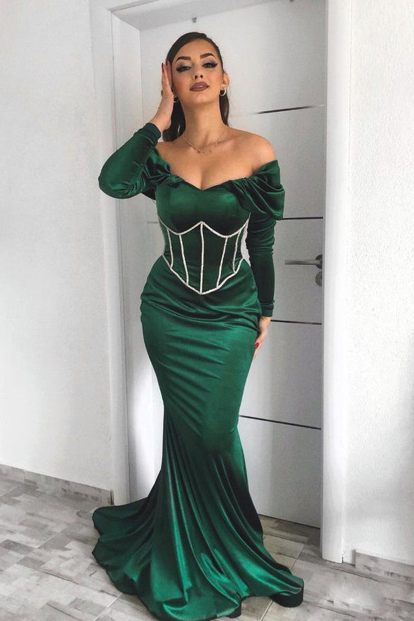 Off the Shoulder Prom Dress Dark Green Long Sleeves Mermaid BMBRIDE
