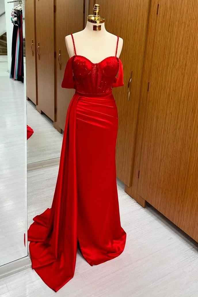 Spaghetti Strap Off the Shoulder Sleeveless Long Prom Dress With Sequins