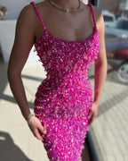 Fuchsia Acrylic Spaghetti-Straps Mermaid Prom Dress with Pearls Sequins BM bride