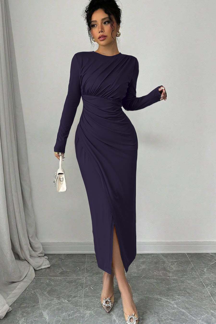 Long Sleeves Jewel Neck Tea Length Prom Dress With Split Pleated BMBRIDE