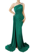 Beautiful Green One Shoulder Sleeveless Prom Dress with Slit BM bride